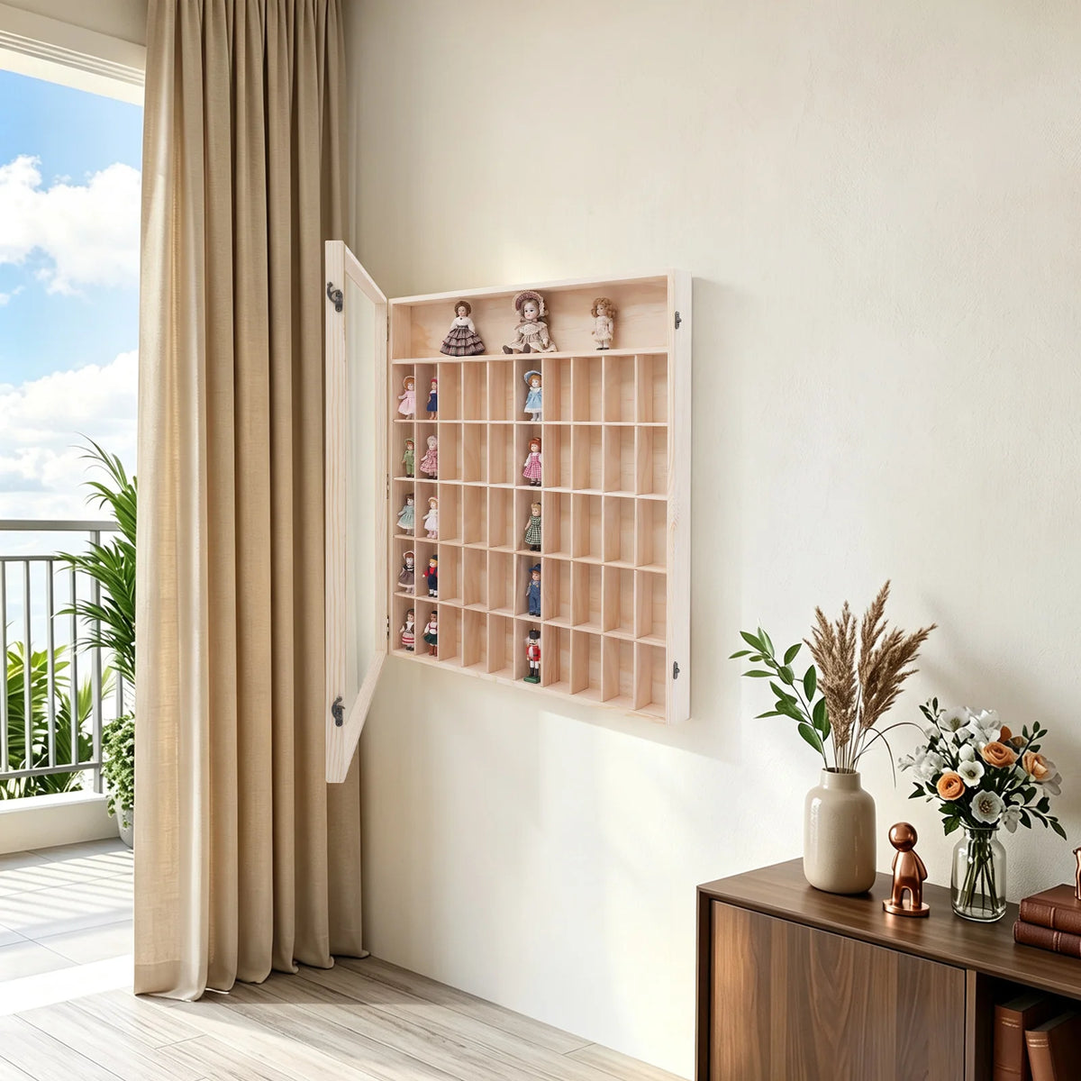Bymaocar Wooden Figure Display Case With Acrylic Door And Compartments