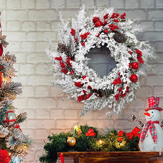 18 Inch Winter Christmas Wreath Snow Flocked Artificial Pine Garland Wreath Red Berries Pinecones Xmas Ornament Window Wall Hanging Decor Christmas Decorations