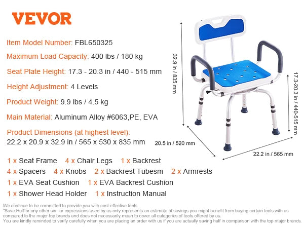 SucceBuy Swivel Shower Chair 360 Degree Adjustable with Armrest and Backrest for Shower or Bathtub Non-Slip for Elderly Disabled