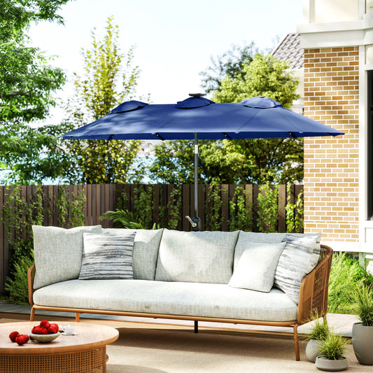 9.7' Double-sided Patio Umbrella with LED Solar Light, Tilt, Navy Blue