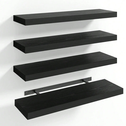 4 Pack Floating Shelves Modern Black Wood Wall Shelves Storage Shelving Unit With Invisible Metal Brackets Display Rack For Bathroom Living Room Bedroom Kitchen Housewarming Gift