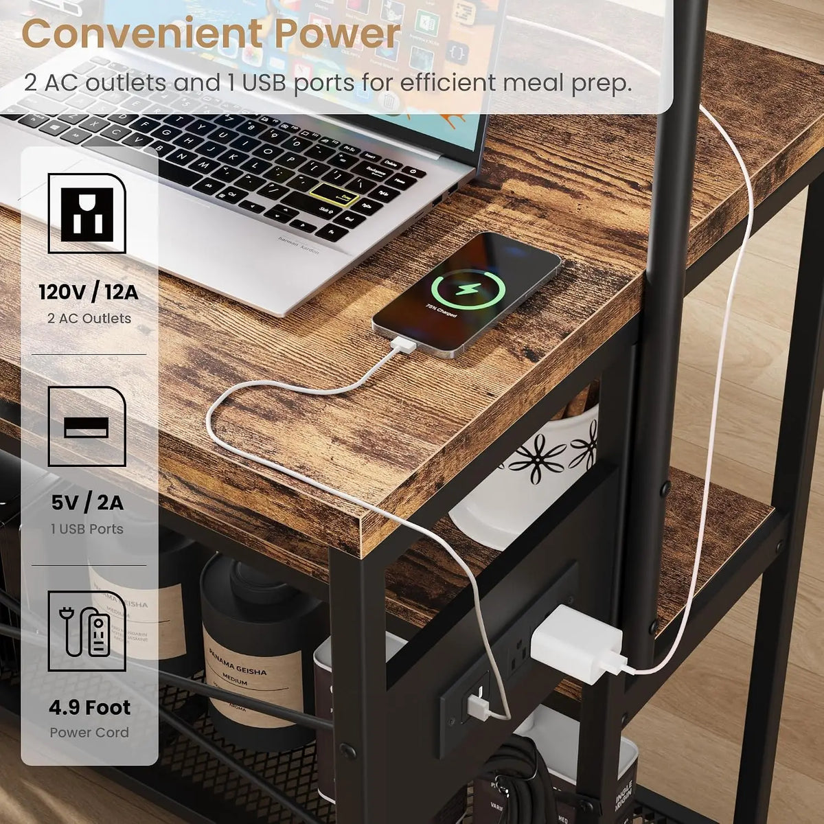 TWISTER.CK Kitchen Island Table With Power Outlet And Storage Shelves