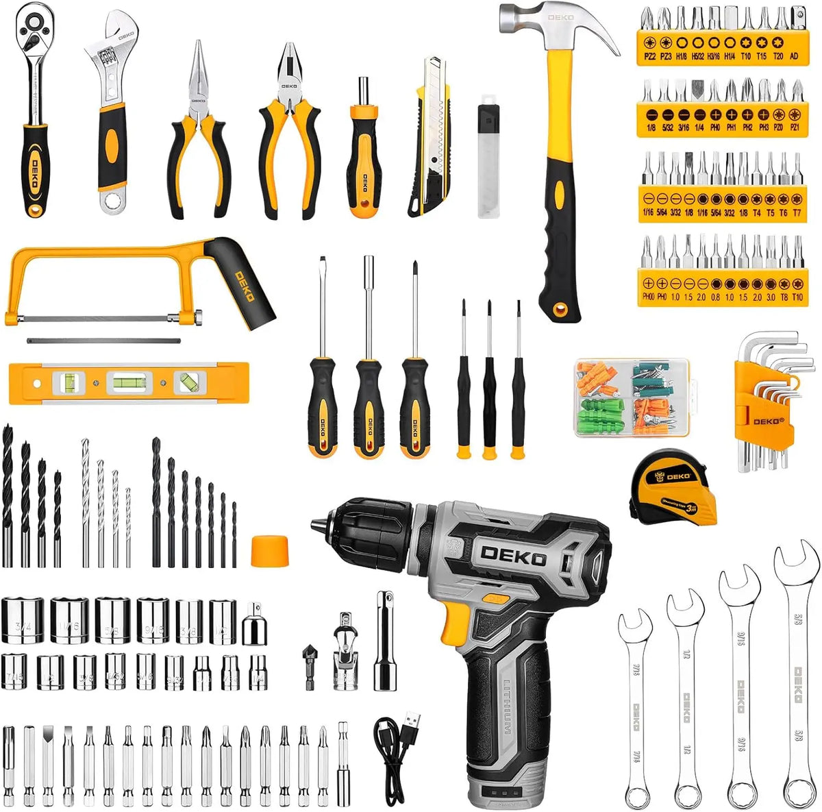 DEKO Cordless Drill and Home Mechanic Tool Set with Case