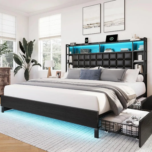 Wooden Bed Frame With LED Headboard And Storage Drawers