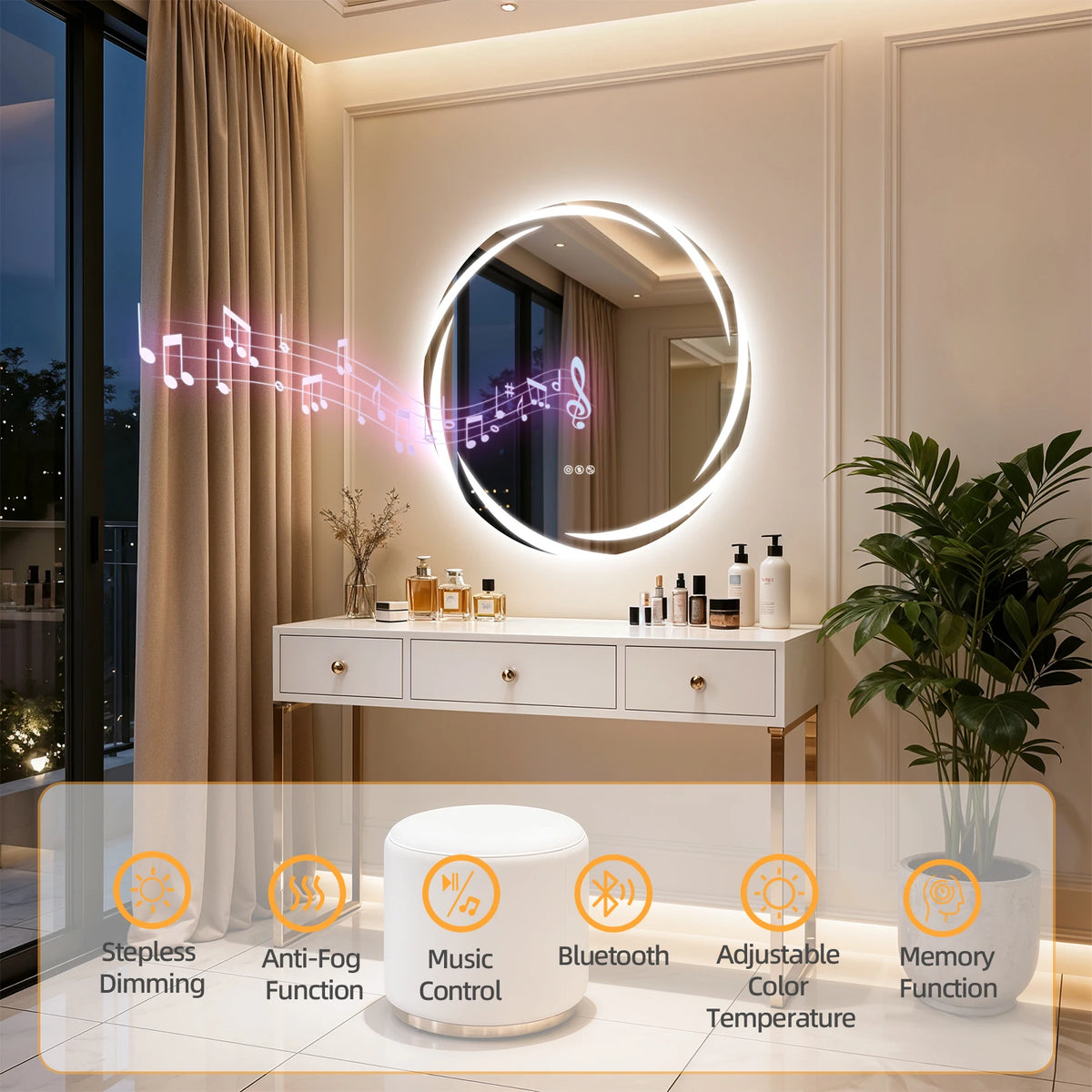 Round LED Bathroom Mirror With Bluetooth Speakers And Defogger