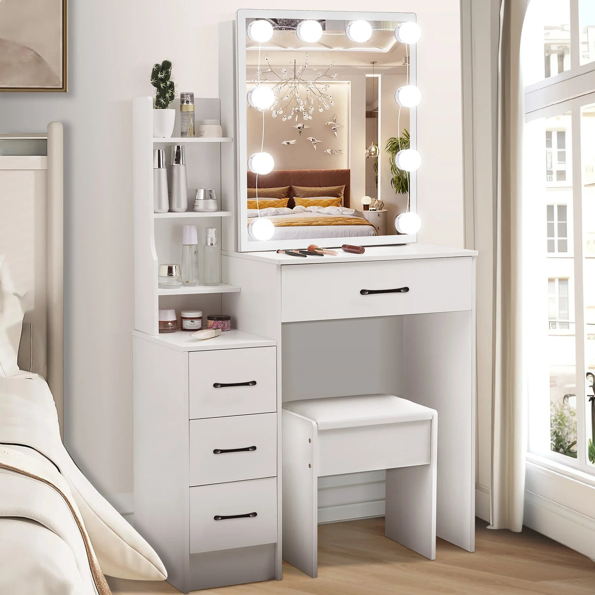 Yamissi Modern Vanity Table And Stool Set With LED Mirror