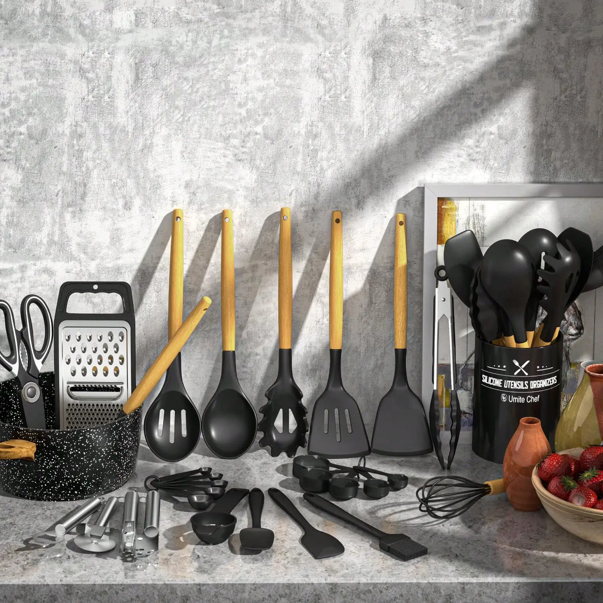 Heat Resistant Silicone Kitchen Utensil Set With Wooden Handles