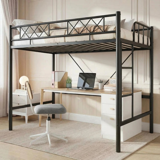 HiMISS Metal Loft Bed Frame With Arched Guardrail And Ladder