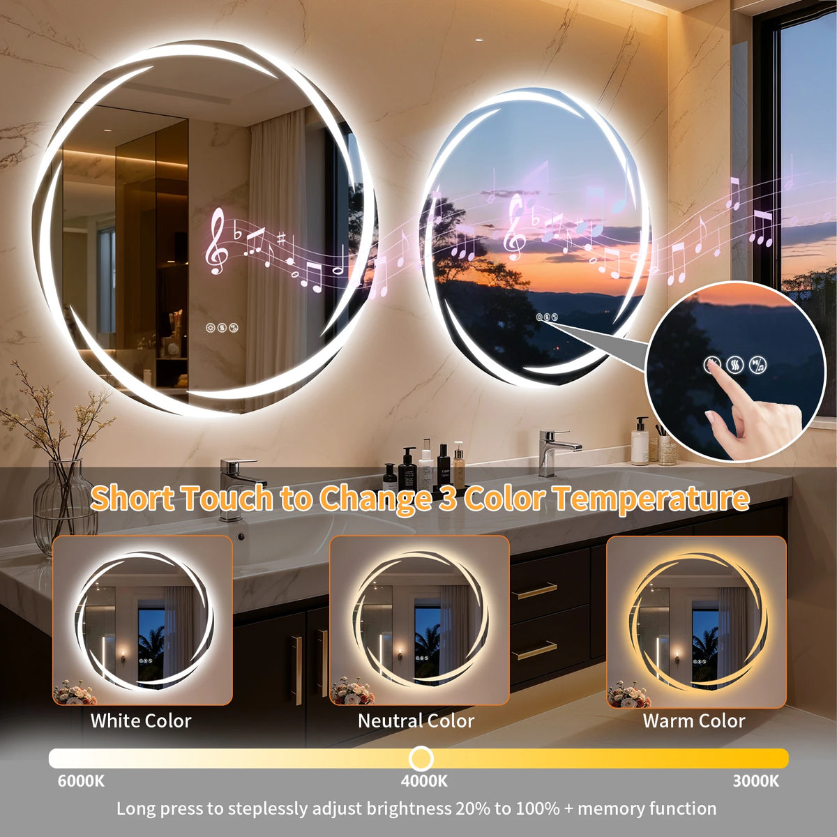 Round LED Bathroom Mirror With Bluetooth Speakers And Defogger