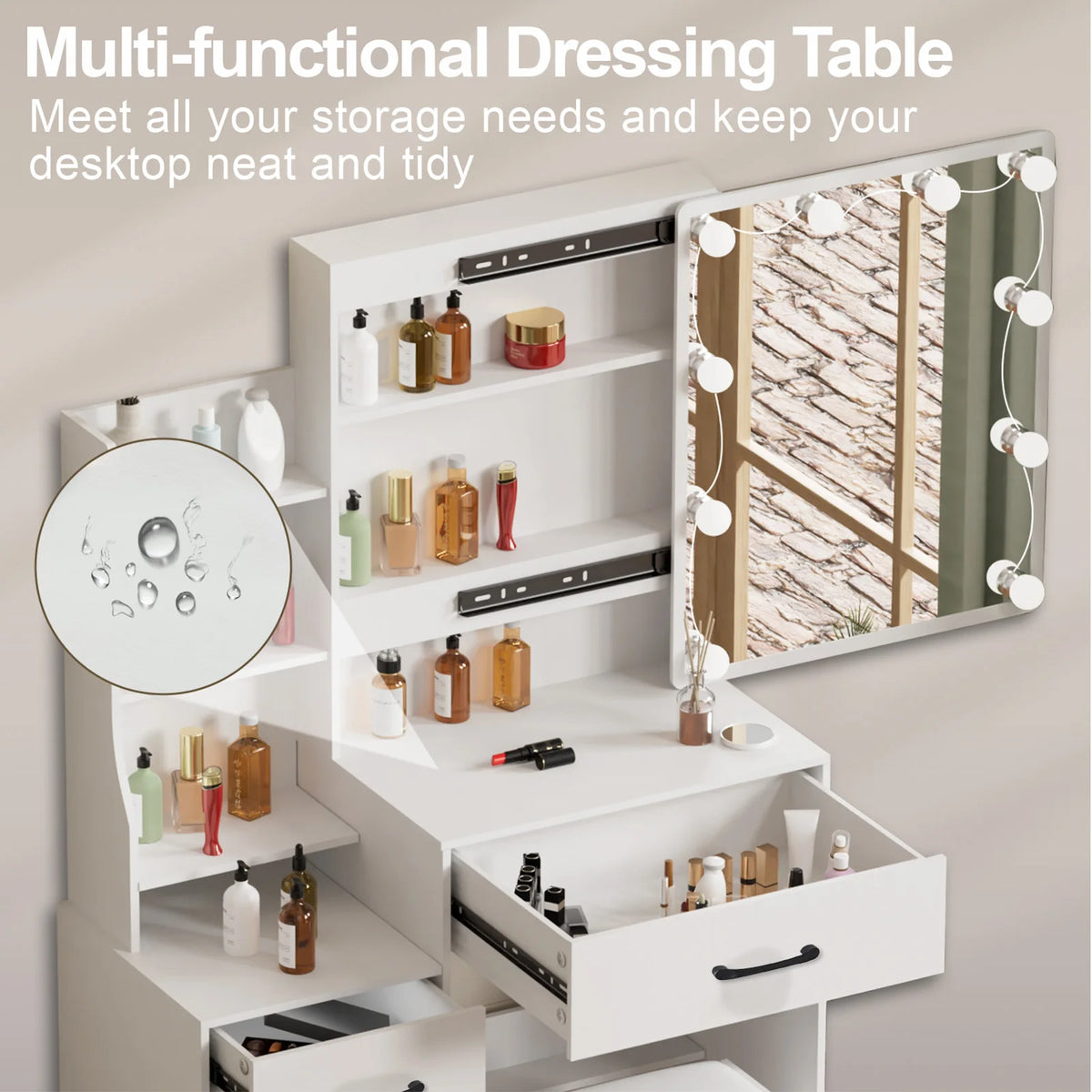 Yamissi Modern Vanity Table And Stool Set With LED Mirror