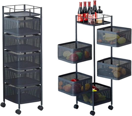 Rotating Kitchen Storage Cart With Wheels And Mesh Baskets