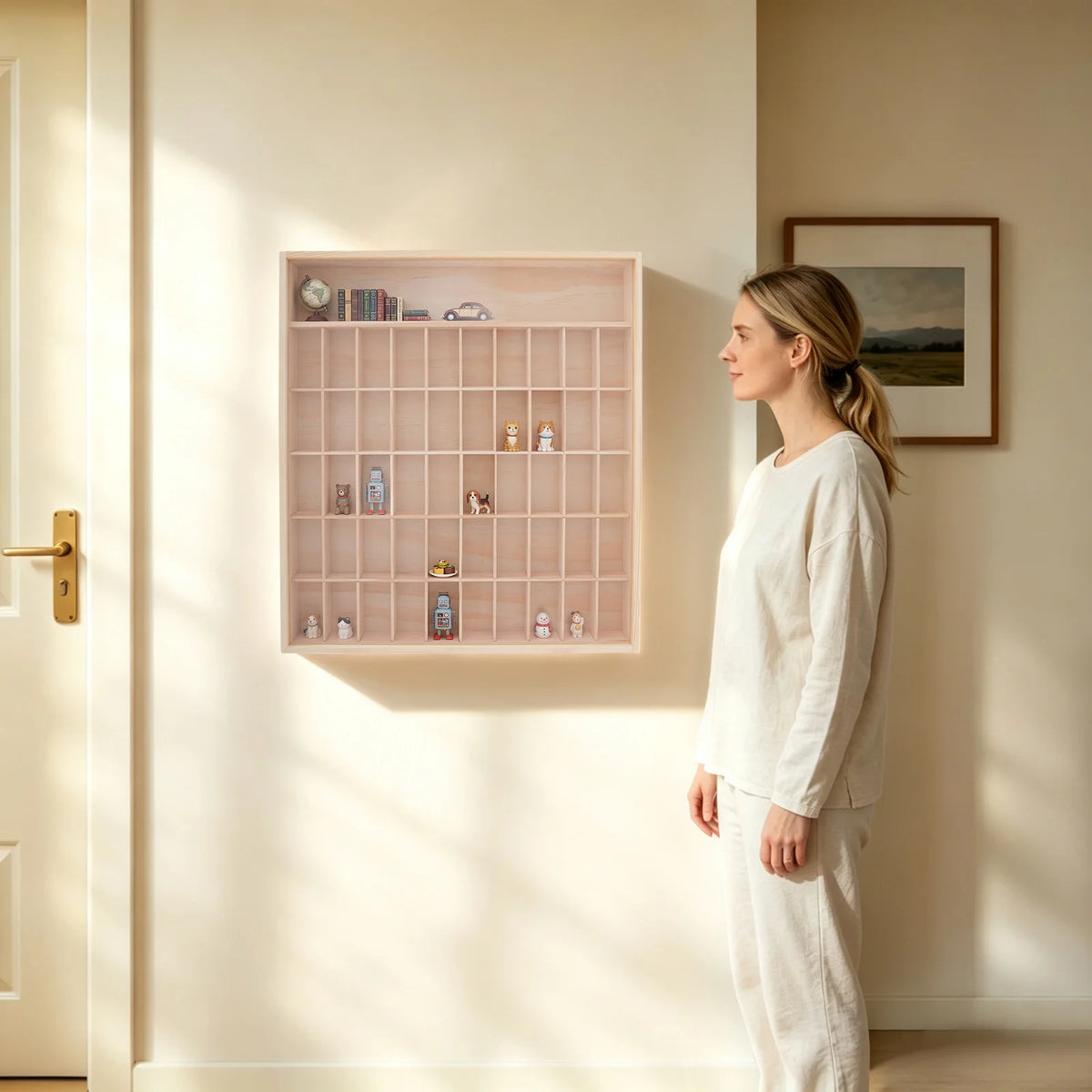 Bymaocar Wooden Figure Display Case With Acrylic Door And Compartments