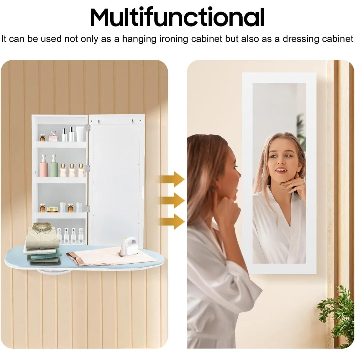 Wall Mounted Ironing Board, Rotatable Storage Cabinet with 4 Shelves and 2 Hooks, Space Saving, MDF, Anti Rust, Easy Install Ironing Board for Laundry Room Closet