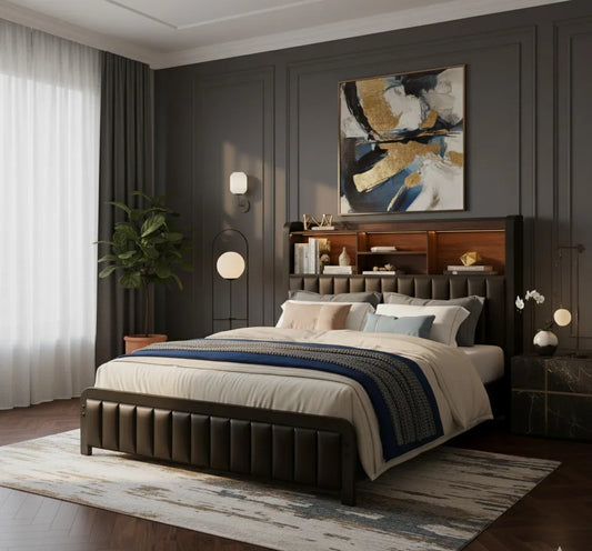 Metal Bed Frame, Storage Headboard, Charging Ports And LED Lighting
