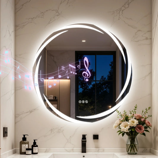 Round LED Bathroom Mirror With Bluetooth Speakers And Defogger