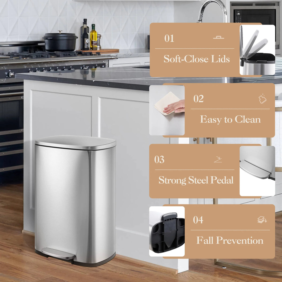 Stainless Steel Step Pedal Trash Can With Soft Close Lid