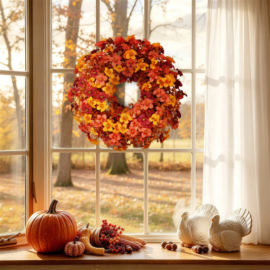 Artificial Fall Wreath 22 Inch Autumn Front Door Wreath with Orange Yellow Floral, Thanksgiving Harvest Wreath for Porch Wall Fireplace Window Farmhouse Indoor Outdoor Halloween Home Decor